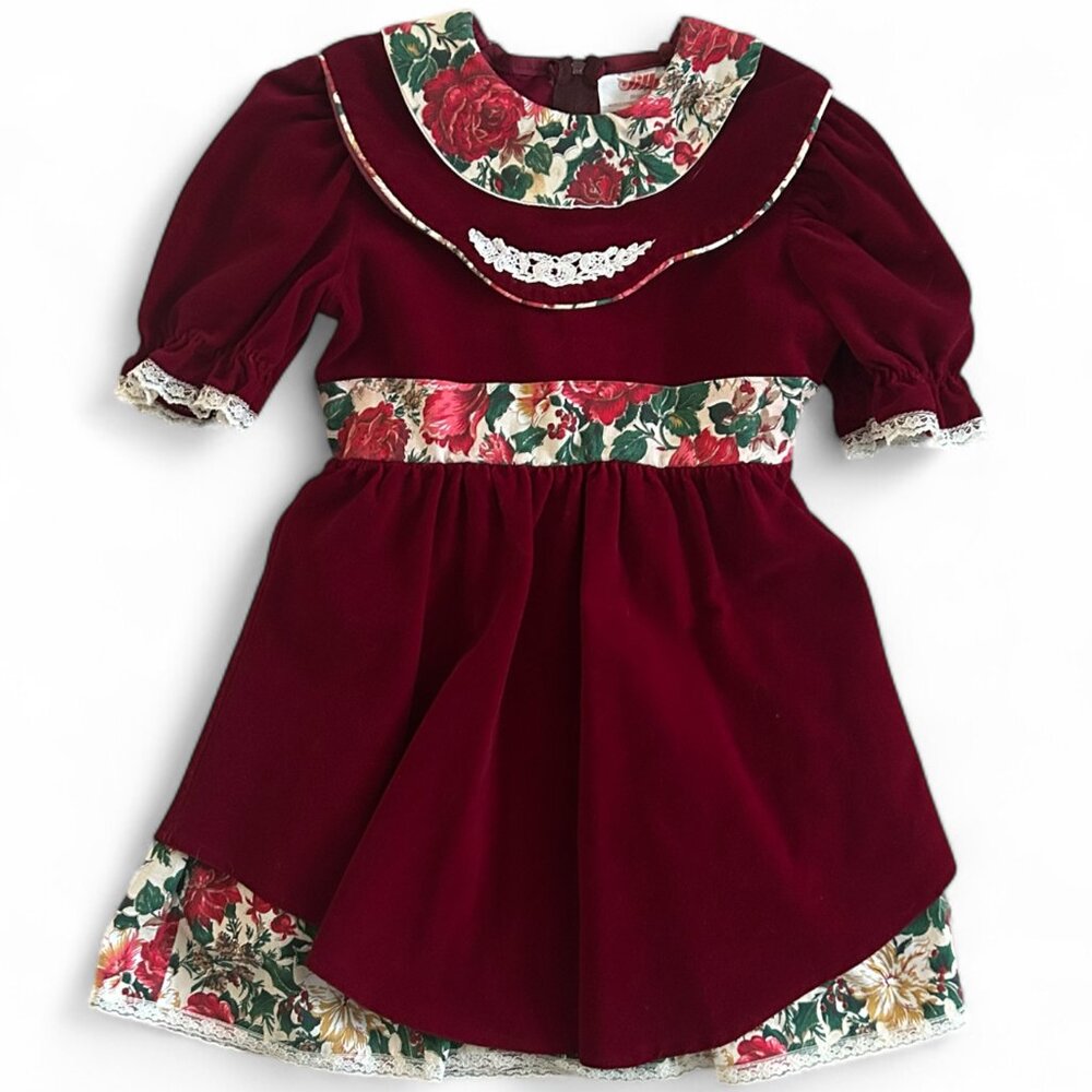 Vintage Jilly Girls Red Velvet Dress Sz 6‎ Floral Lace Holiday Photo Shoot Xmas